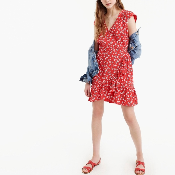J.CREW Red Dainty Floral Faux Wrap Short Sleeve V Neck Ruffle Mini Dress sz 00 - Picture 2 of 9